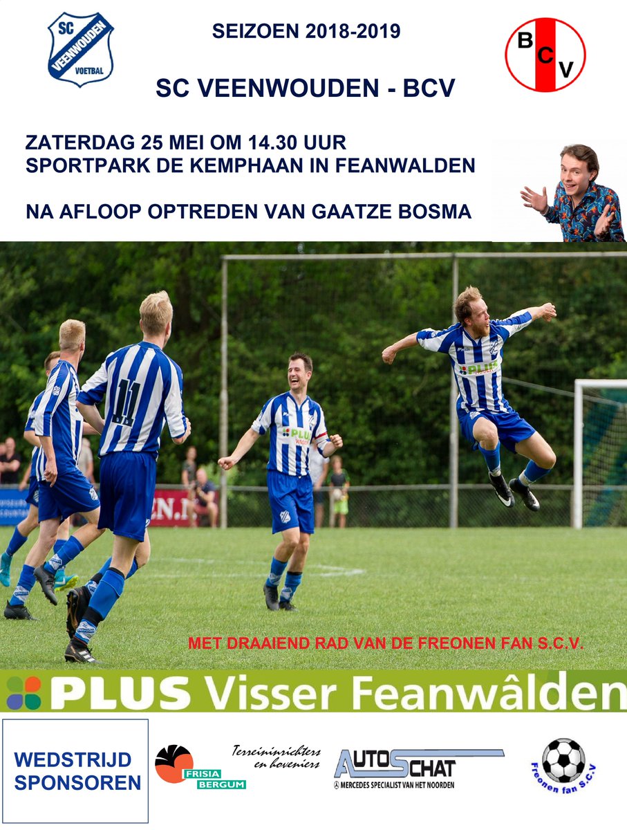 SCVeenwouden's tweet photo. Zaterdag sluiten @SCVeenwouden en @BCVBurgum in een onderling de competitie af. Daarna volgt een mooie seizoensafsluiting met live-optreden van @Gaatze_ en draaiend rad van de @FreonenScv. Allemaal welkom op sportpark De Kemphaan in Feanwalden. https://t.co/ETw68YnKTJ