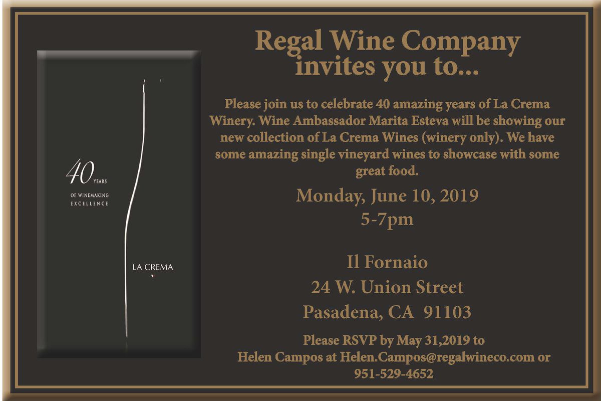 Come and join Regal Wine Company in celebrating an extraordinary 40 Years of La Crema Winery! With a new collection of La Crema Wines shown by Wine Ambassador, Marita Esteva, you won't want to miss this!
✨🍷

👉Check out the picture for all details!