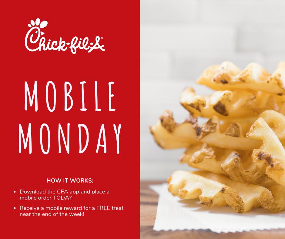 CFA_Flagstaff's tweet photo. Make it another great Monday with MOBILE MONDAY! Place a mobile order today thru the CFA App and receive a mobile reward within 72hrs! This week's reward is our popular Waffle Fries -  🍟🍟Mmmmm! (valid only at Chick-fil-A Flagstaff) https://t.co/hkl7EabmFh