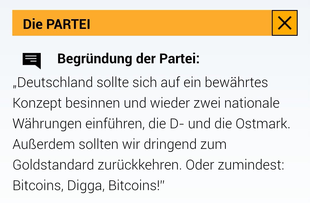 DiePARTEI_MaHe's tweet photo. #These5: Deutschland soll an Stelle des Euro wieder eine nationale Währung einführen.
Unsere Position: Nein!
#wahlomat #DiePARTEI https://t.co/upk4jQHHxK