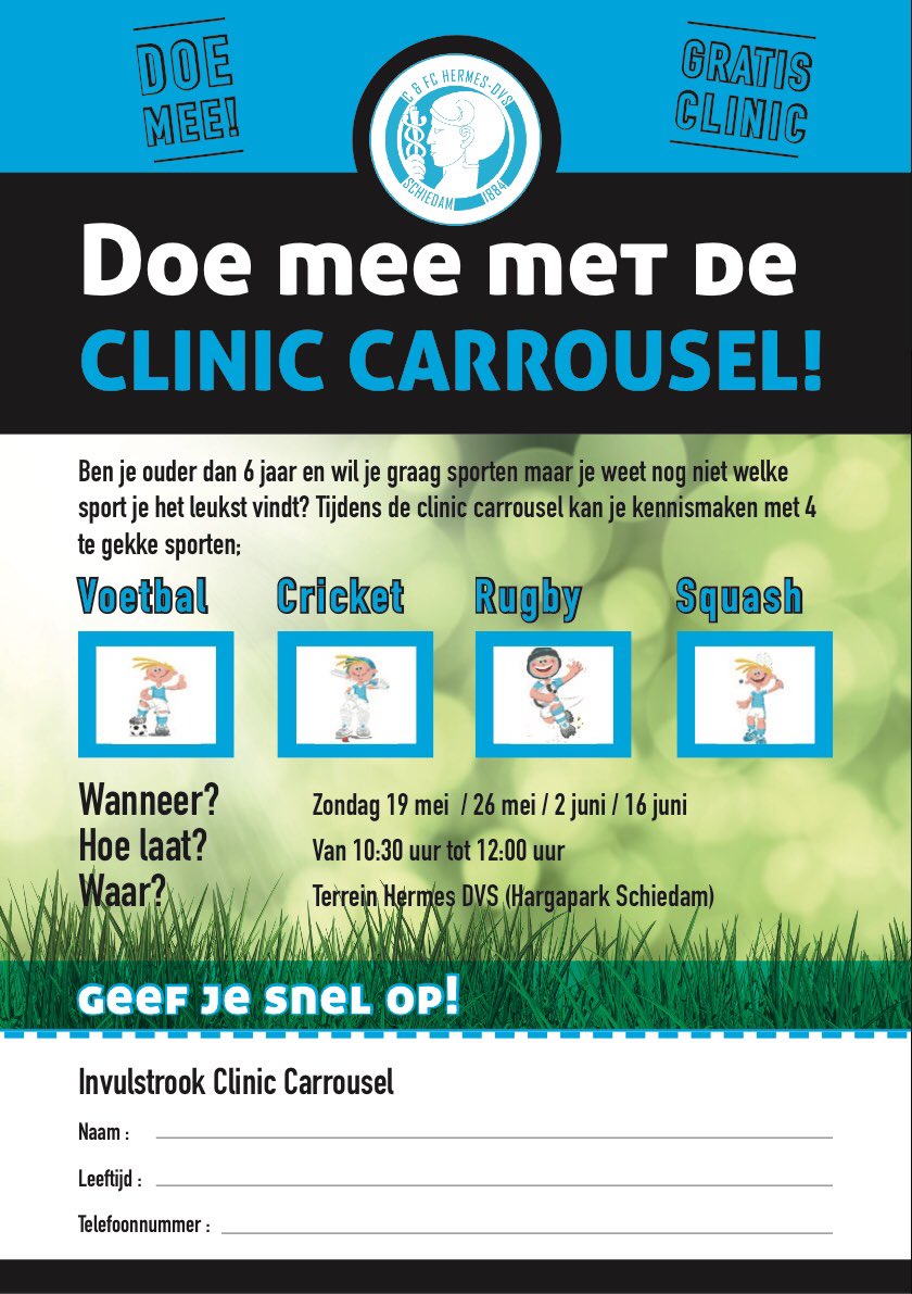 Zondag 26 mei om 10.30 uur draait de clinic carrousel weer bij  <a href="/Hermesdvs/">Hermes D.V.S.🏏⚽️🏈</a> ! Cricket, voetbal, squash en rugby bij 1 club! Deelname is gratis, aanmelden via squash@hermesdvs.nl please retweet <a href="/stichtingVIB/">Vlaardingen in Beweging</a> @schieonline <a href="/Schiedams/">De Schiedammer</a> <a href="/waterwegsport/">WaterwegSport.nl</a> <a href="/sdaminbeweging/">schiedam in beweging</a>