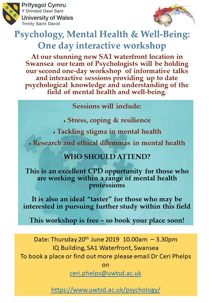 CeriPhelps1's tweet photo. Really excited to be offering this one day workshop in June for those interested in CPD or study in psychology, mental health & wellbeing #signupquick #beinspired @UWTSDPsych https://t.co/KsE6WqRo1x