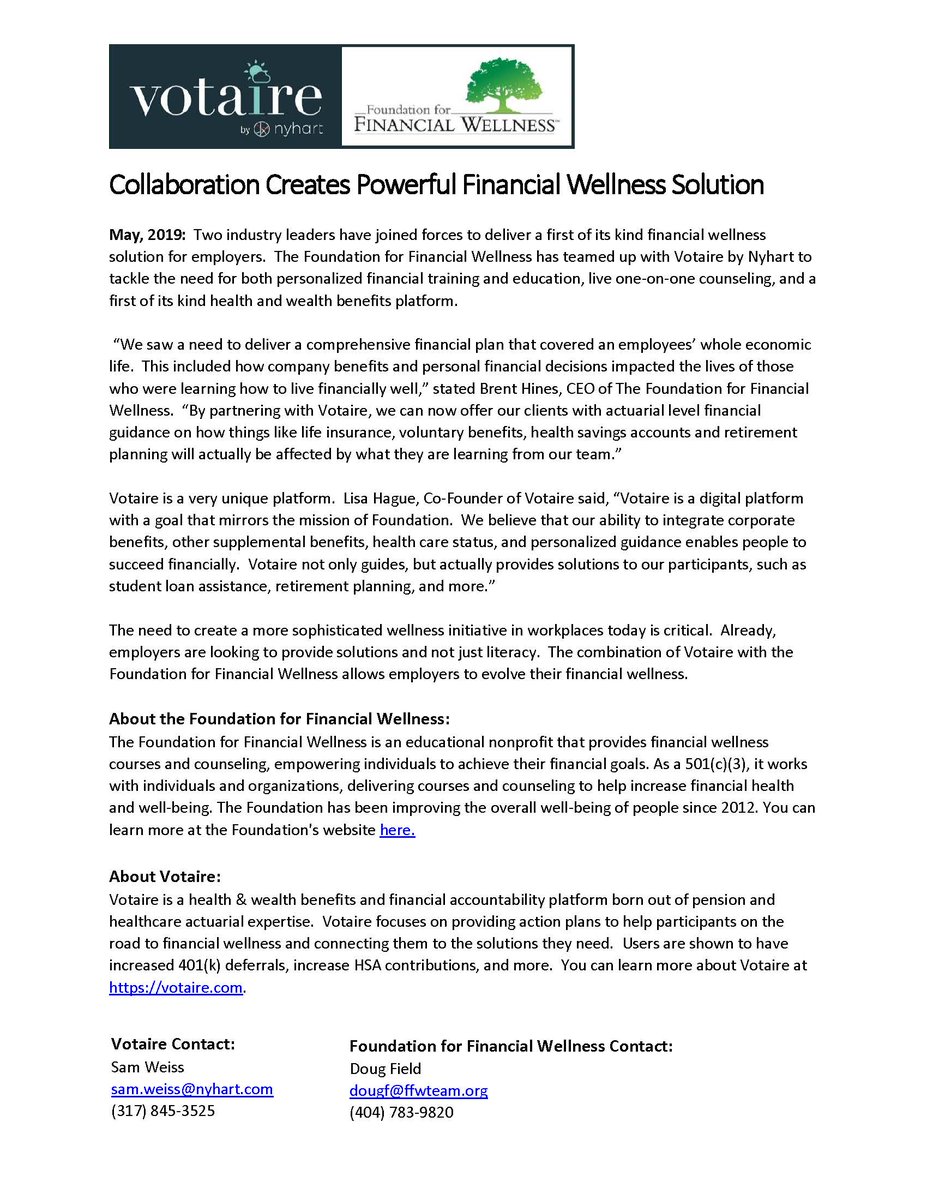 BrentAHines's tweet photo. We are extremely excited to partner with @VotaireOfficial! "The @FoundationFW has teamed up with Votaire by Nyhart to tackle the need for both personalized financial training and education, live one-on-one counseling, and a first of its kind health and wealth benefits platform." https://t.co/CpaaTSiqys