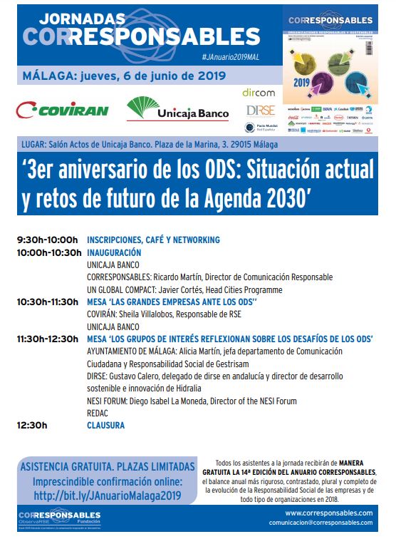 RedAndaluzaCCC's tweet photo. 06/06 ¡No te pierdas la Jornada @Corresponsables  #JAnuario2019MAL en #Málaga! La @RedAndaluzaCCC participará en la mesa de debate sobre los desafíos de los #ODS junto con @malaga @AsocDIRSE y @nesiforum 

Programa: https://t.co/Hm2sKctsK2
Inscríbete: https://t.co/kg0mtON9ib https://t.co/5FpCGfitWd