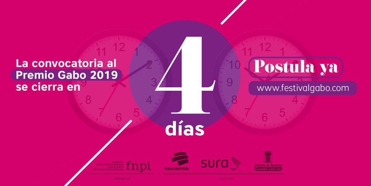 Quedan 4⃣días para el cierre de convocatoria. Si aún no has postulado tu trabajo al #PremioGabo 2019, hazlo hoy.

⌛No esperes más. ⏰ 👉🏼goo.gl/vvPdoy  

Cierre de convocatoria: 23 de mayo.