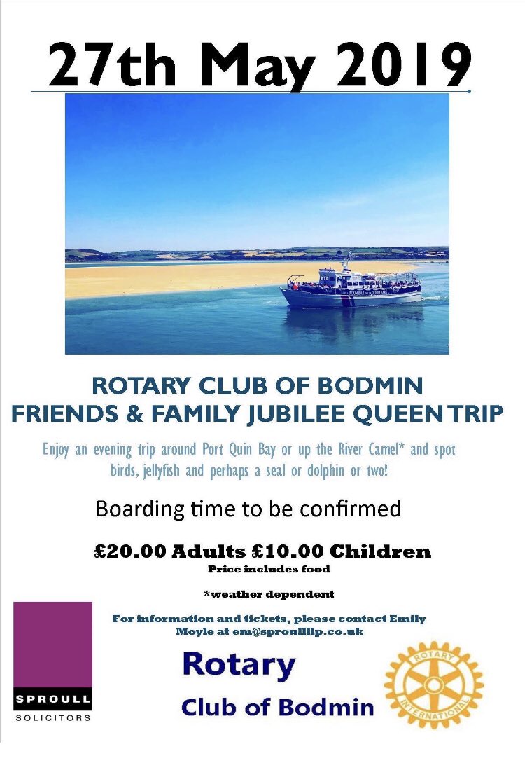 Come and join us on the Jubilee Queen for a cruise around Port Quin Bay on 27th May at 3pm. Contact em@sproullllp.co.uk @RCBodmin