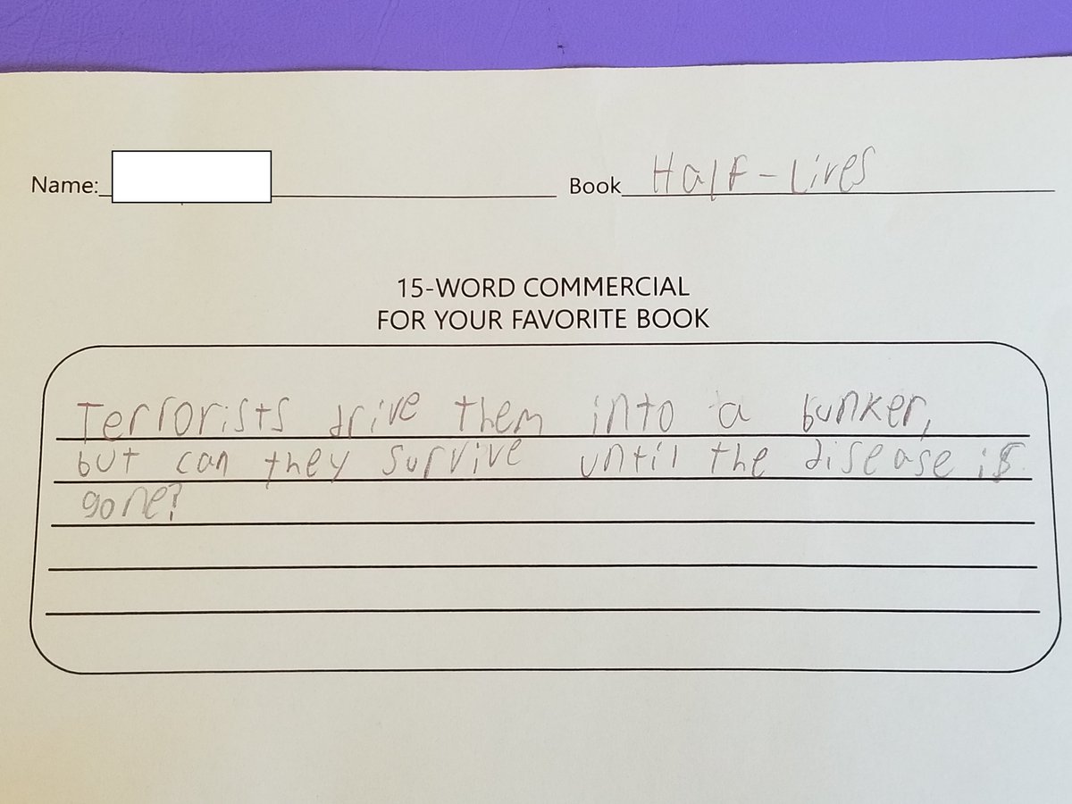 DawnBLiteracy's tweet photo. Challenge Accepted! Can you capture the essential concept of a book and encourage someone else to read it using only 15 words? 6th graders on the Red Team did exactly that! Impressive work!! @GoMounts @EIMSMounts https://t.co/0Cxpzo7KHu