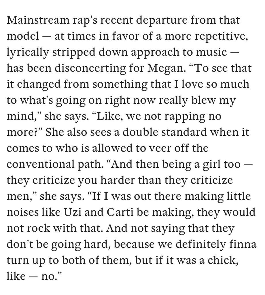 Megan Thee Stallion said thaf if she was out here rapping like Playboi Carti, people would pretty much say she’s trash. 

I don’t disagree. A point was made.