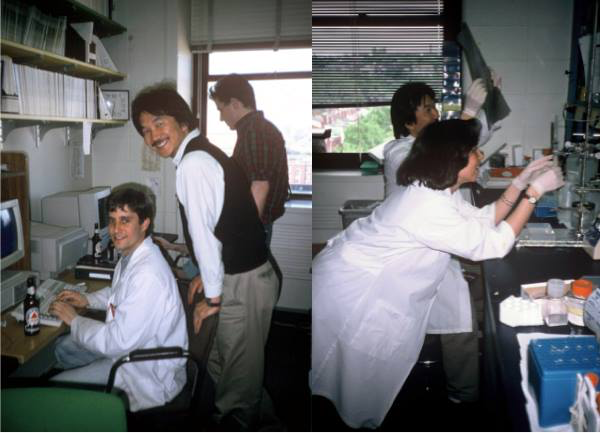 RachaelLillis's tweet photo. Found these old pics of where I used to work as a lab technician. They're posing jokingly, trying to look busy. David has a beer at his desk. Funny group. I'm not in the pics, but the picture on the right was my work space. One of my old stomping grounds. #randomsharing https://t.co/AUHkPt7lBO