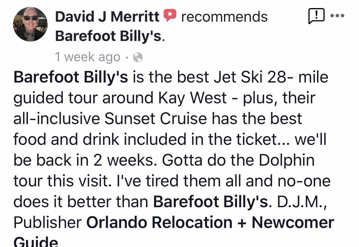 barefootbillykw's tweet photo. RAVE REVIEW Monday’s at Barefoot Billy’s!! ~ Best Jet Ski ~ Best Food &amp; Drink ~ Gotta do the Dolphin Tour ~ No one does it better🙌💯✅
@barefootbillykw https://t.co/FRVMUafwoL