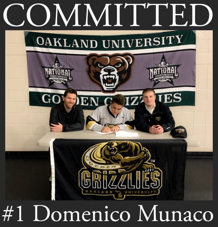 OU_DIII_Hockey's tweet photo. We are proud to announce the signing of goalie Domenico Munaco! Munaco comes to us from Rochester United and will wear jersey #1 this coming season. Last season he held a 1.61 GAA and .913 SV%. Welcome to OU and the #GoldenGrizzlies! #WearTheBear 🐻🚨 https://t.co/ra7fHPM6UB