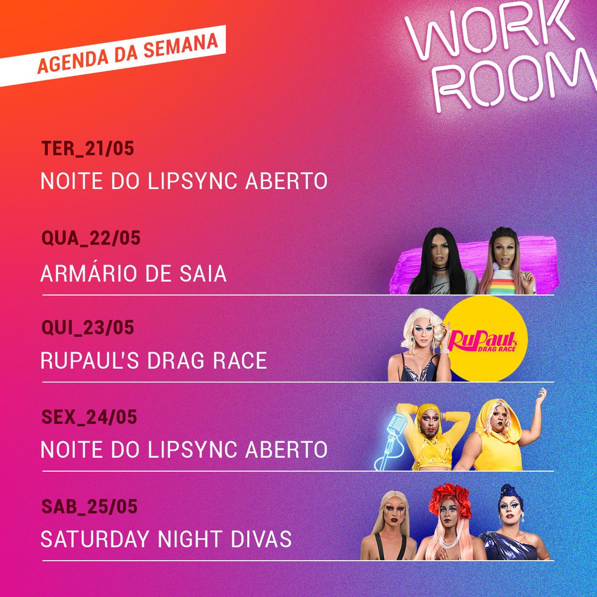workroombar's tweet photo. AGENDA DA SEMANA 

TER - Lipsync Aberto
QUA - Show Armário de Saia
QUI - Episódio RPDR + performances
SEX - Lipsync Aberto + performances
SAB - Performances

* Para reservas, envie mensagem para (51) 993085850 ou contato@workroombar.com https://t.co/3Iu0sNWZsl
