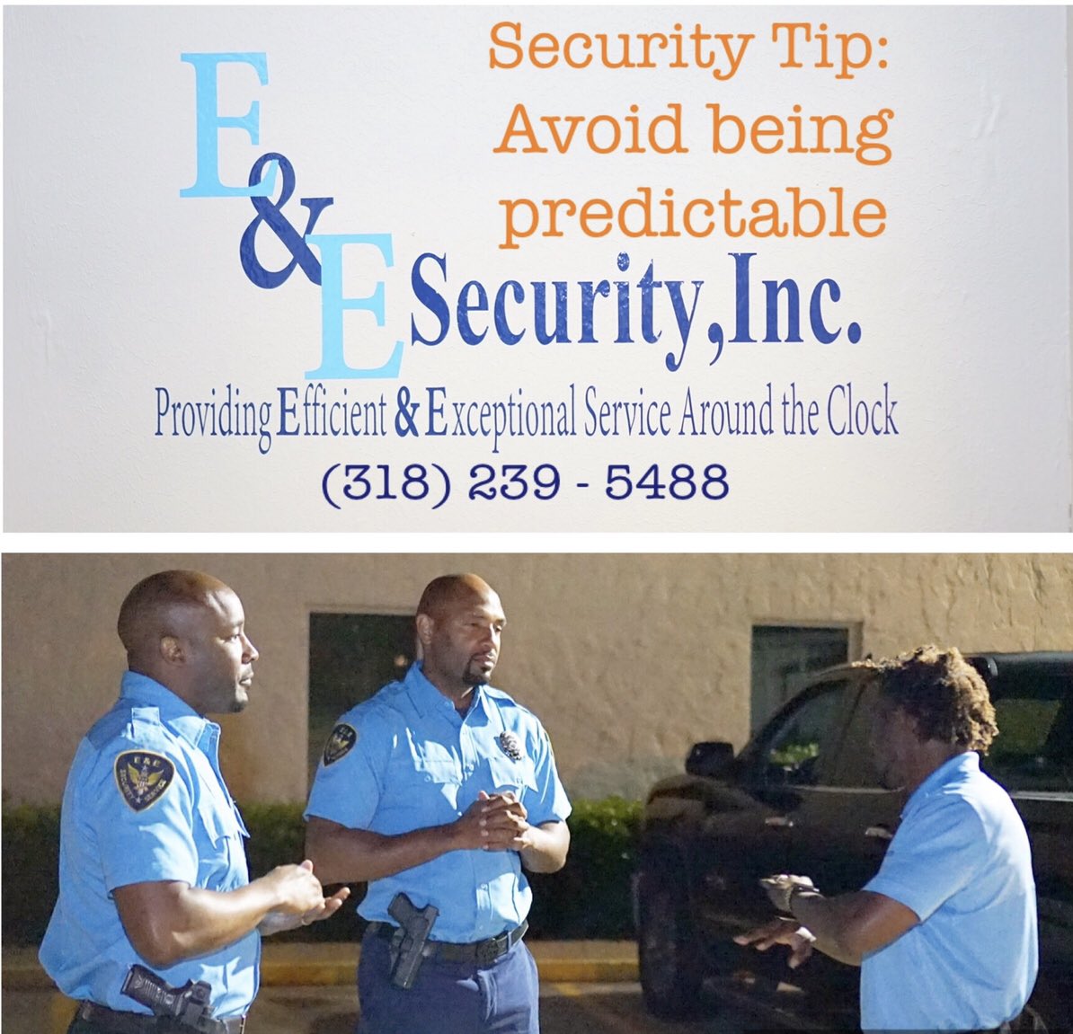 EESecurityInc1's tweet photo. Here’s a quick security tip.   

Avoid being predictable.    Criminals plan their attacks according to your daily and routine activities.  

E &amp; E Security, INC
Your security guard provider!
https://t.co/yLQk6S7nYr
#security  #officers #eesecurity #EE #ShreveportSecurity https://t.co/OPmanCY4RH