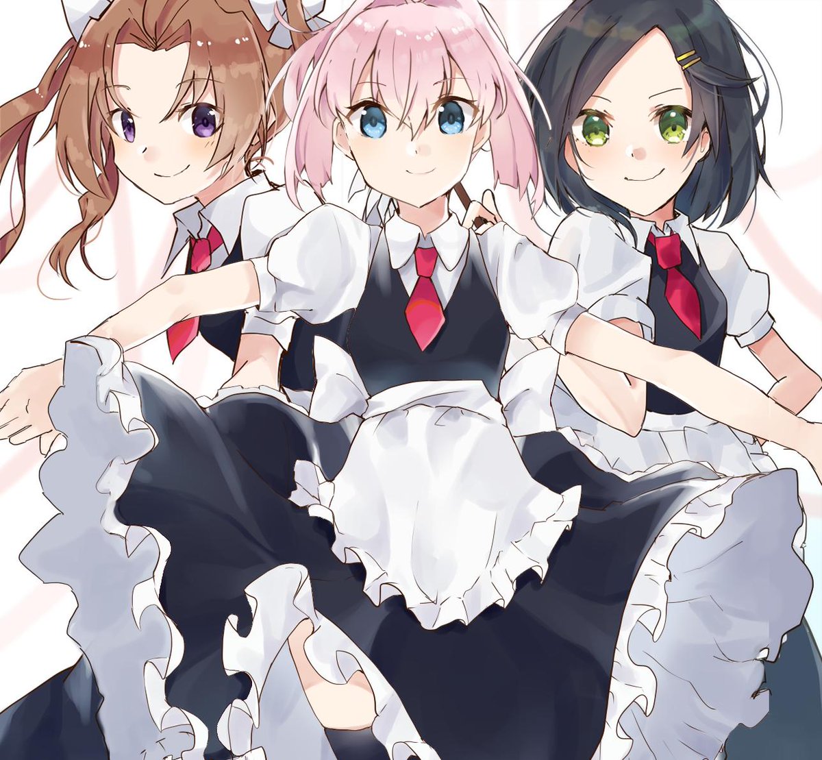 kagerou (kancolle) ,kuroshio (kancolle) ,shiranui (kancolle) 3girls multiple girls pink hair twintails black hair blue eyes red necktie  illustration images