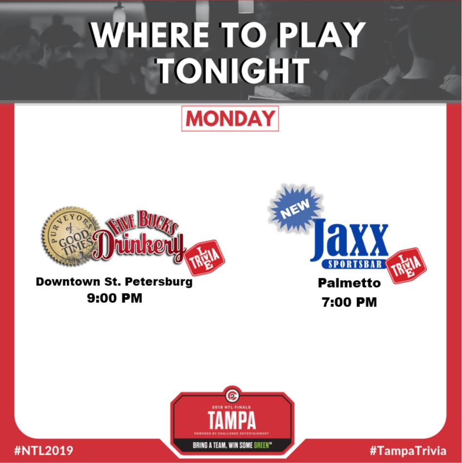 CETampa's tweet photo. Looking for a place to play #LiveTrivia tonight?

Here's WHERE TO PLAY!

#NTL2019
#YearRoundTrivia and #Games
#ChallengeEntertainment #TampaTrivia https://t.co/nUxQ3iIAb3