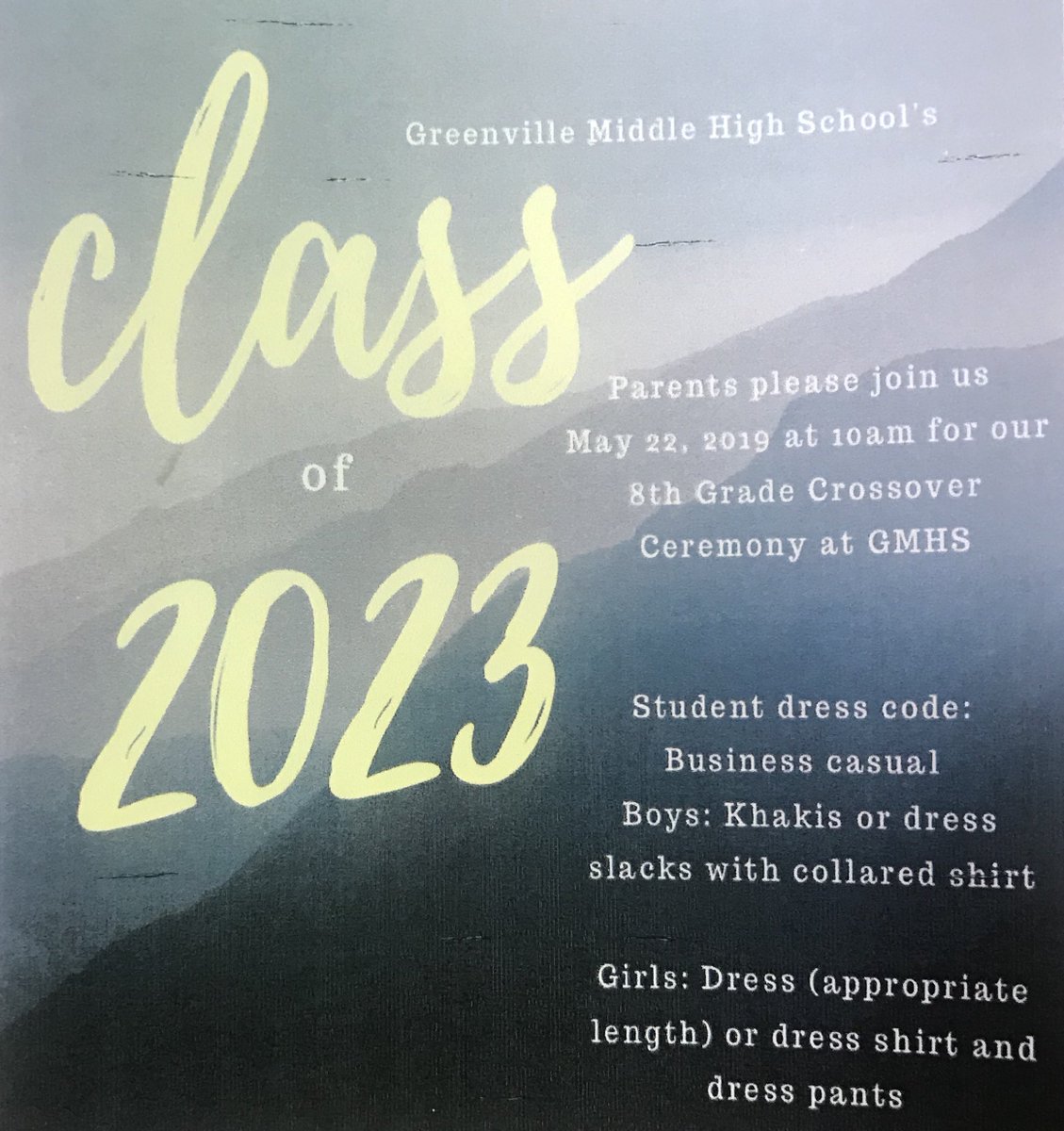 GMHSPats's tweet photo. Please join us on Wednesday, May 22nd at 10:00 am for the 8th Grade Crossover Ceremony. We will be celebrating our 8th graders as they “graduate” from middle school and begin their transition to high school! Read the document attached for more information. https://t.co/f2BtcA7rEt