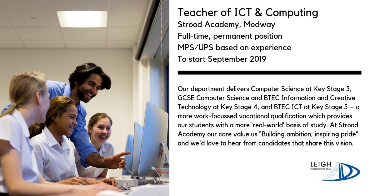 For more information and to apply: buff.ly/2HuzhJ6

#TeacherofICT #ICTteacher #Teacherofcomputing #Computingteacher #Strood #Rochester #Kent