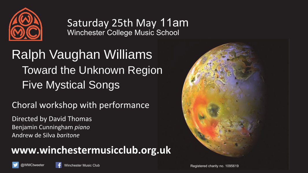 Join with members of <a href="/WMCtweeter/">WinchesterMusicClub</a> this Saturday to sing Vaughan Williams 5 Mystical Songs and Toward the Unknown Region. <a href="/WinCollMusic/">Music Department</a> Music school. Workshop 11am, performance 4.30pm. See winchestermusicclub.org.uk for more details.