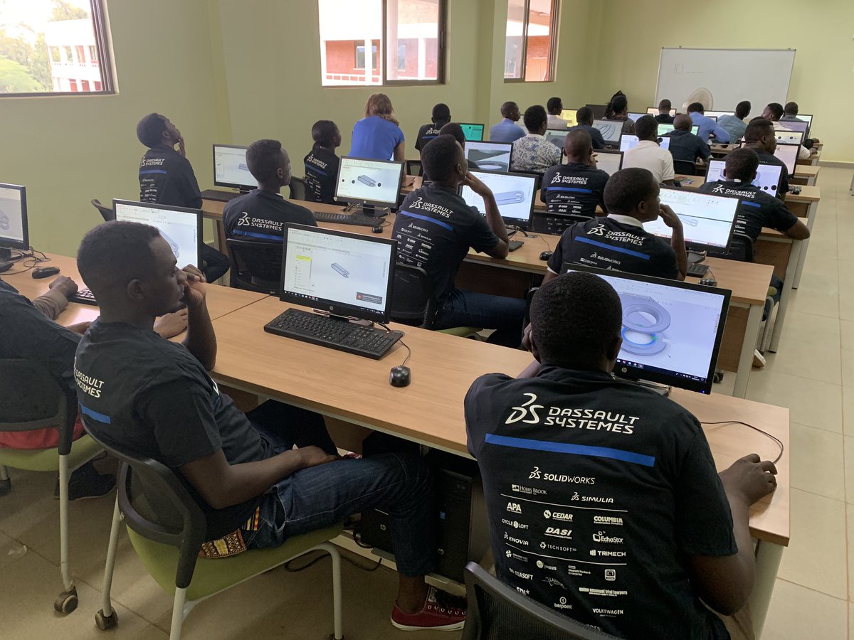 MikePuckett's tweet photo. Frequency, thermal, and static simulation? All in a days work here at @IPRCKigali as the students close out the day of @SOLIDWORKS training in Rwanda. And yes, they love the t-shirts and USB Thumb Drive gifts! https://t.co/I7tqgasXbD