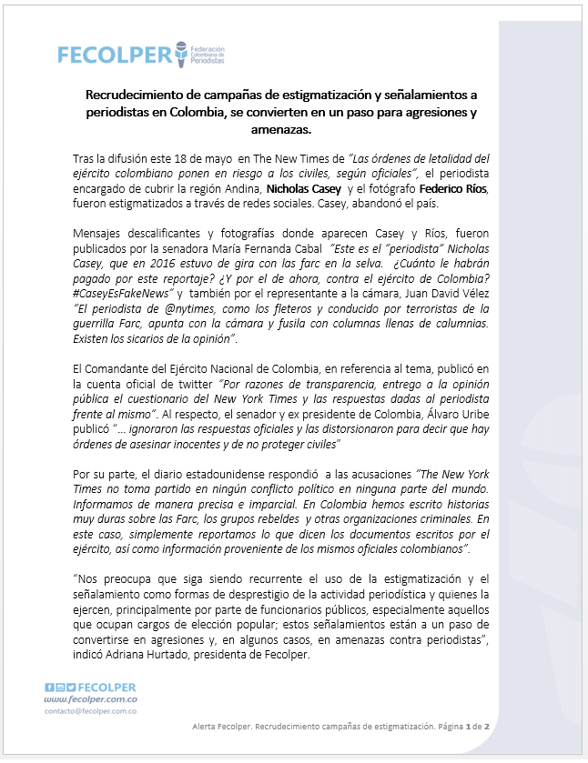 FECOLPER's tweet photo. #AlertaFECOLPER.  Recrudecimiento de campañas de estigmatización y señalamientos a periodistas en Colombia, se convierten en un paso para agresiones y  amenazas. @caseysjournal @federicorios @tatianagc04 @FelipQuintero @DanielPrensaM  @IvanDuque @FrBarbosaD @NancyPatricia_G https://t.co/1rILw0e78G