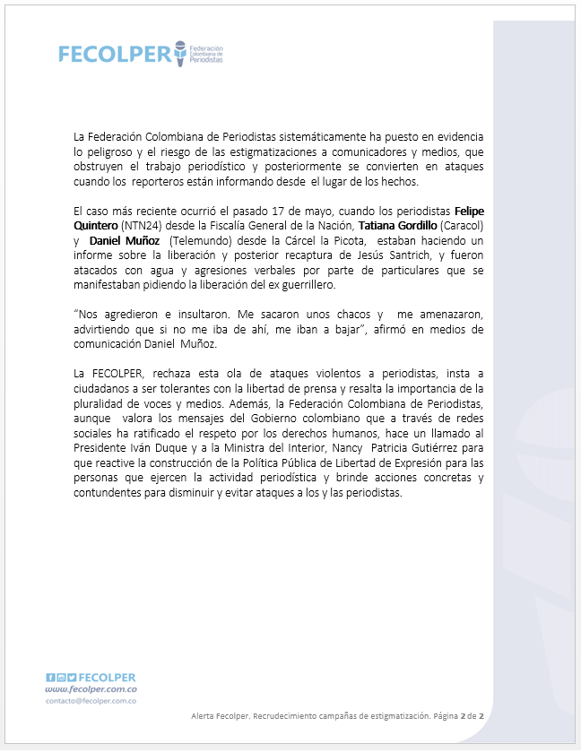 FECOLPER's tweet photo. #AlertaFECOLPER.  Recrudecimiento de campañas de estigmatización y señalamientos a periodistas en Colombia, se convierten en un paso para agresiones y  amenazas. @caseysjournal @federicorios @tatianagc04 @FelipQuintero @DanielPrensaM  @IvanDuque @FrBarbosaD @NancyPatricia_G https://t.co/1rILw0e78G