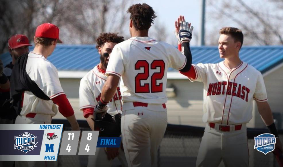 NJCAABaseball's tweet photo. The 650-mile trip to Montana didn't faze them. Nor did winning four-straight games against ranked opponents.

In just the second year of its baseball program, Northeast punched a 🎟️ to the 2019 NJCAA DII Baseball World Series on Sunday!

#NJCAABaseball https://t.co/hKf4ueL8D8
