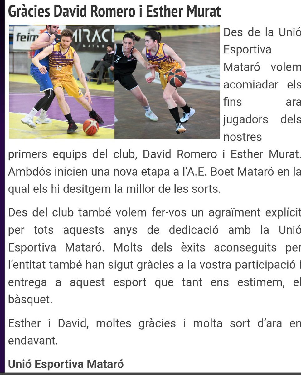 Francesc Andrés (@francescandres) on Twitter photo 💣 La <a href="/uemataro/">U.E. Mataró</a> fa oficial la marxa d'<a href="/esthermurat8/">Esther Murat Navarro</a> al @AEBoetMataro a través de la seva pàgina web. Murat segueix així les passes de <a href="/david5romero/">David Romero</a> del Palau Josep Mora a l'Eusebi Millán. En parlarem a @MatAudiovisual
uemataro.net/2019/05/20/gra… 💣 La <a href="/uemataro/">U.E. Mataró</a> fa oficial la marxa d'<a href="/esthermurat8/">Esther Murat Navarro</a> al @AEBoetMataro a través de la seva pàgina web. Murat segueix així les passes de <a href="/david5romero/">David Romero</a> del Palau Josep Mora a l'Eusebi Millán. En parlarem a @MatAudiovisual
uemataro.net/2019/05/20/gra…