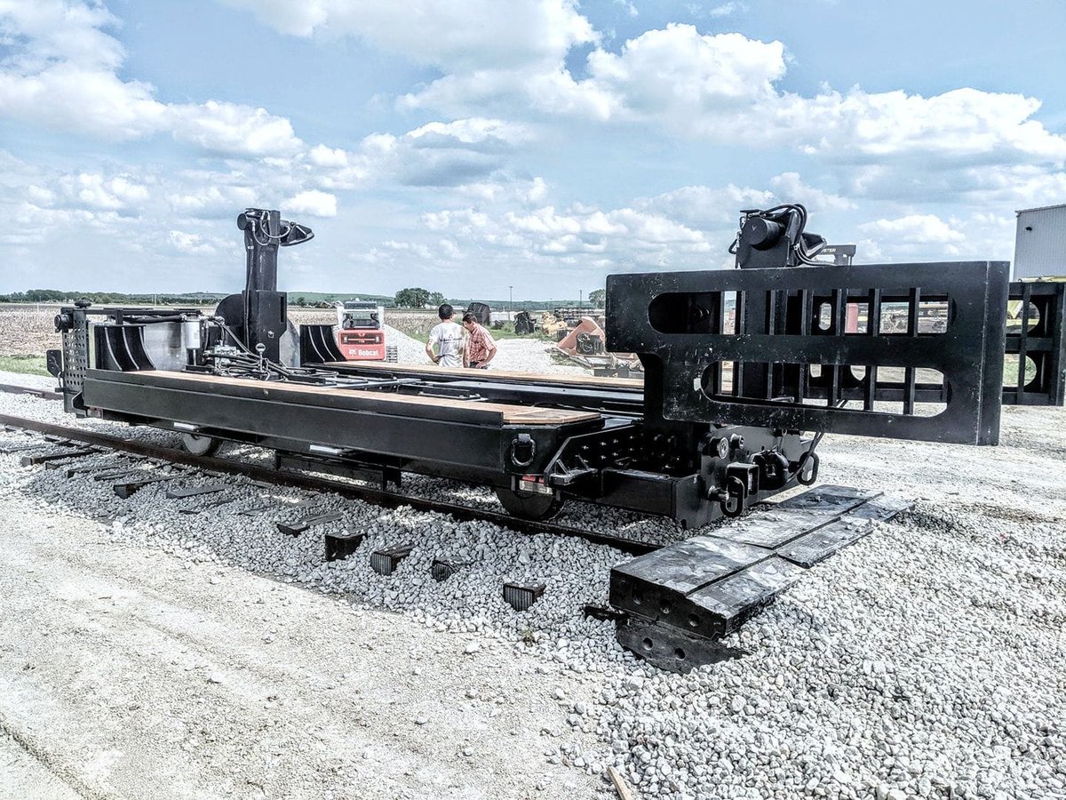 DymaxInc's tweet photo. Here is one of our latest creations. This railway vehicle will be headed to New York soon for helping to move large excavators in drilling and piling operations for the 3rd track project. It moves 85000lbs sideways 14 inches to provide clearance from adjacent line tracks. https://t.co/8xdkaIo9sJ