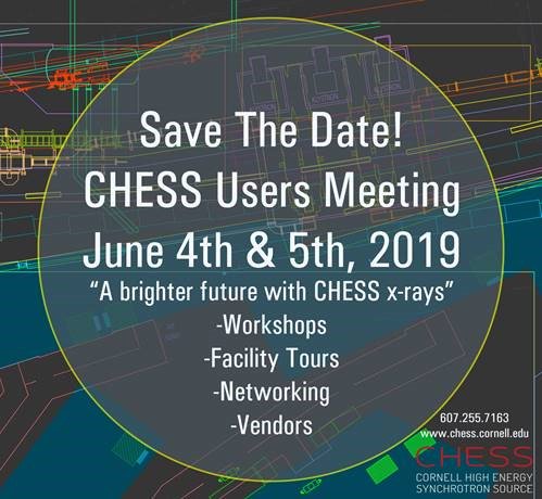 CHESS_user's tweet photo. Don't forget to register for the 2019 CHESS Users Meeting! π
https://t.co/BkgY45pQT3
#Cornell #Synchrotron #Synchrotronscience #CHESScience #MacCHESS #NSFfunded #CHESSU https://t.co/GgkRXKDiXb