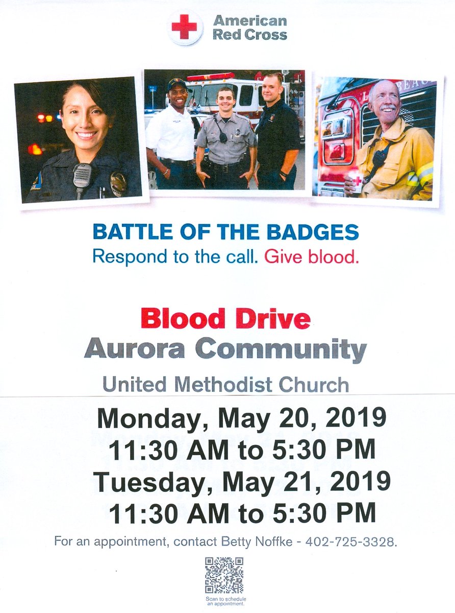 Aurora Fire Department vs. Law Enforcement
The Aurora Police Department, the Hamilton County Sheriff's Office, and the Aurora Fire Department, are partnering with the Red Cross for the Battle of the Badges.  For an appointment, contact Betty Noffke 402-725-3328.