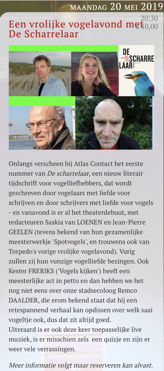Vanavond: Vrolijke Vogelavond in het o zo knusse <a href="/torpedotheater/">Torpedo Theater 🎭</a>! Met o.a. vogelmannen <a href="/KesterFreriks/">Kester Freriks</a>, <a href="/jpgeelen/">Jean-Pierre Geelen</a> en @Stadsecoloog020 Remco Daalder! <a href="/AtlasContact/">AtlasContact</a>  Reserveren kan hierrrrr: torpedotheater.nl/voorstellingen…