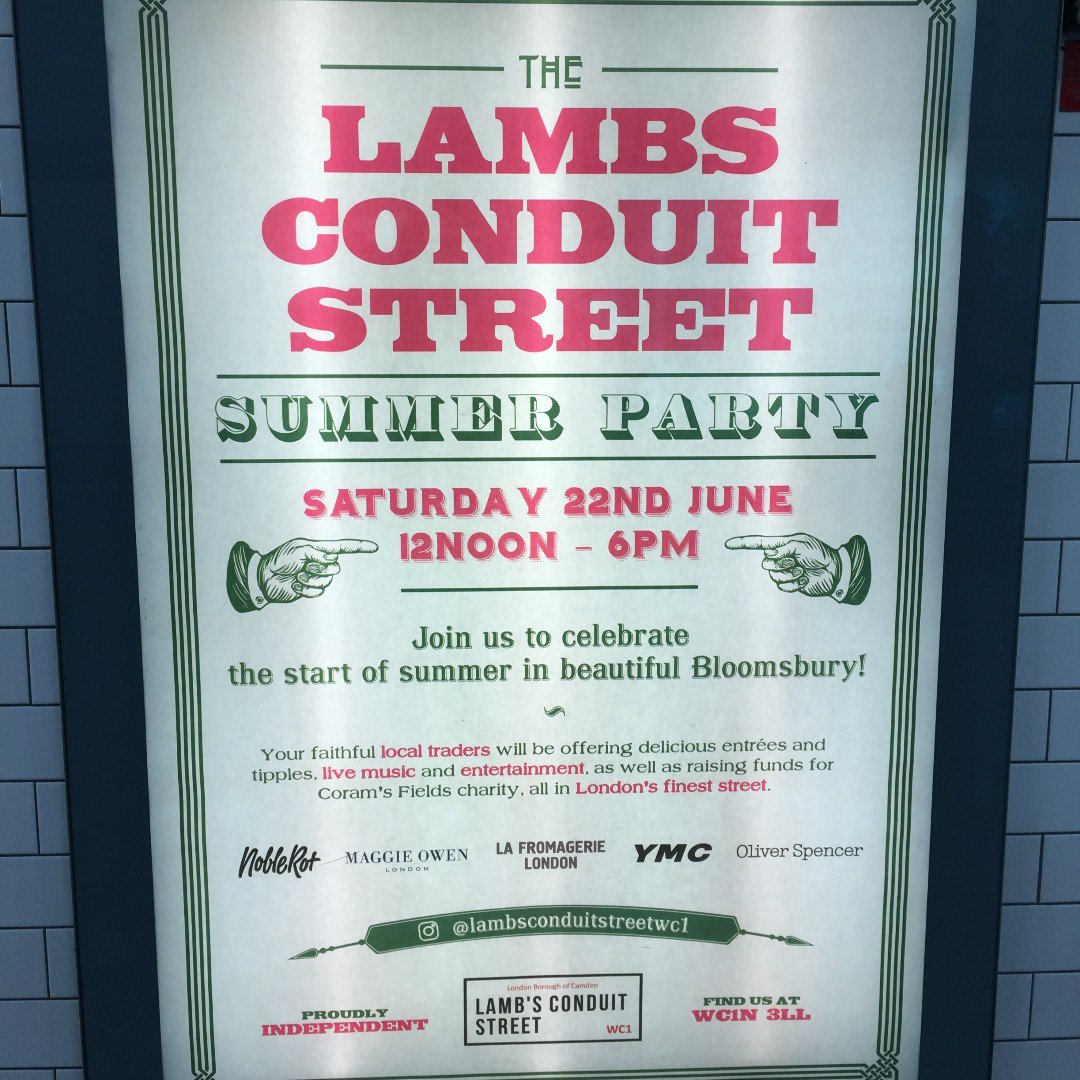 LambsConduitSt's tweet photo. We're very excited to announce the Lambs Conduit Street summer street party will be on Saturday 22nd June! Bring your family and friends to enjoy complimentary drinks and a unique shopping experience in the heart of Bloomsbury #camdenevents #streetparty @coramsfields https://t.co/62PYa54TlD