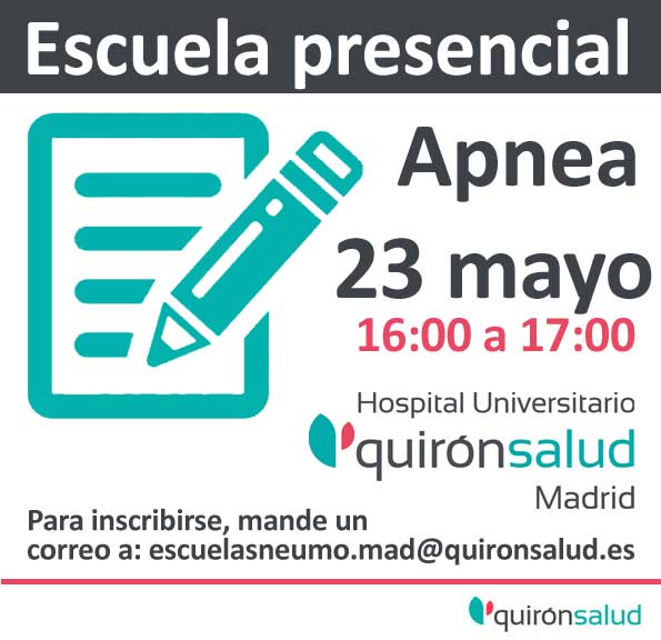 #Sabías que puedes asistir a nuestras clases presenciales gratuitas en Quirónsalud Madrid <a href="/QS_Madrid/">Hospital Universitario Quirónsalud Madrid</a> . Para apuntarse debes escribir a escuelasneumo.mad@quironsalud.es. La próxima, el día 23 sobre #apnea.