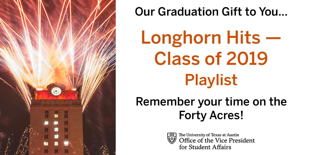 UTexasStudents's tweet image. While @UTAustin2019 was #LivingtheLonghornLife, these songs were popular. Check out our gift to #UTGrad19! bit.ly/LonghornHits19