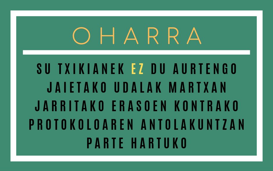 Aurtengo San Pedro eta San Martzial jaietan udaletik martxan jarriko den erasoen kontrako protokoloan Su Txikian elkarte feministak ez du parte hartuko. 

Lehengo urtean protokoloaren diseinuan eta banaketan parte hartu genuen gure indar eta gogoak bertan jarriz,

>>