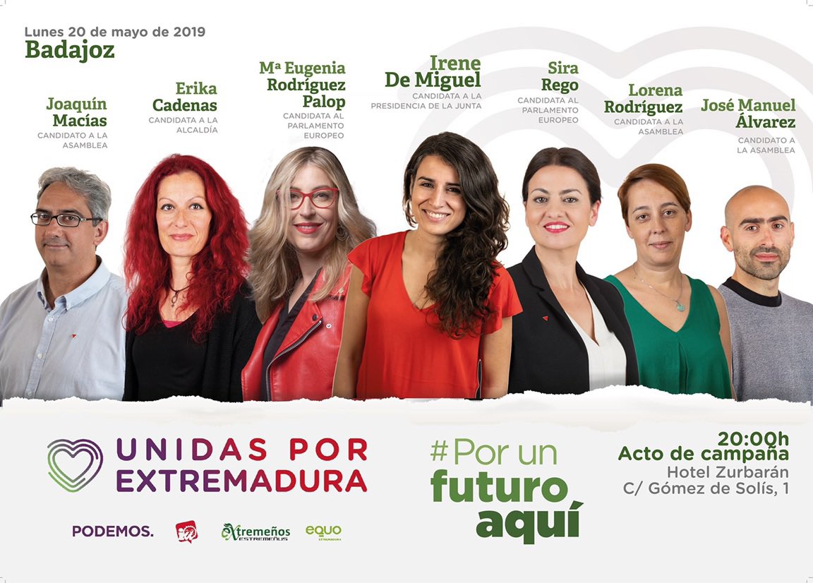 📢 ¡Hoy la campaña hace parada en Extremadura con @sirarego y @MEugeniaRPalop! #MundoRuralVivo #TuIzquierda #UnidasPodemos 📆 Lunes 20 de mayo, 20h 📍 Hotel Zurbarán (c/ Gómez de Solís, 1)