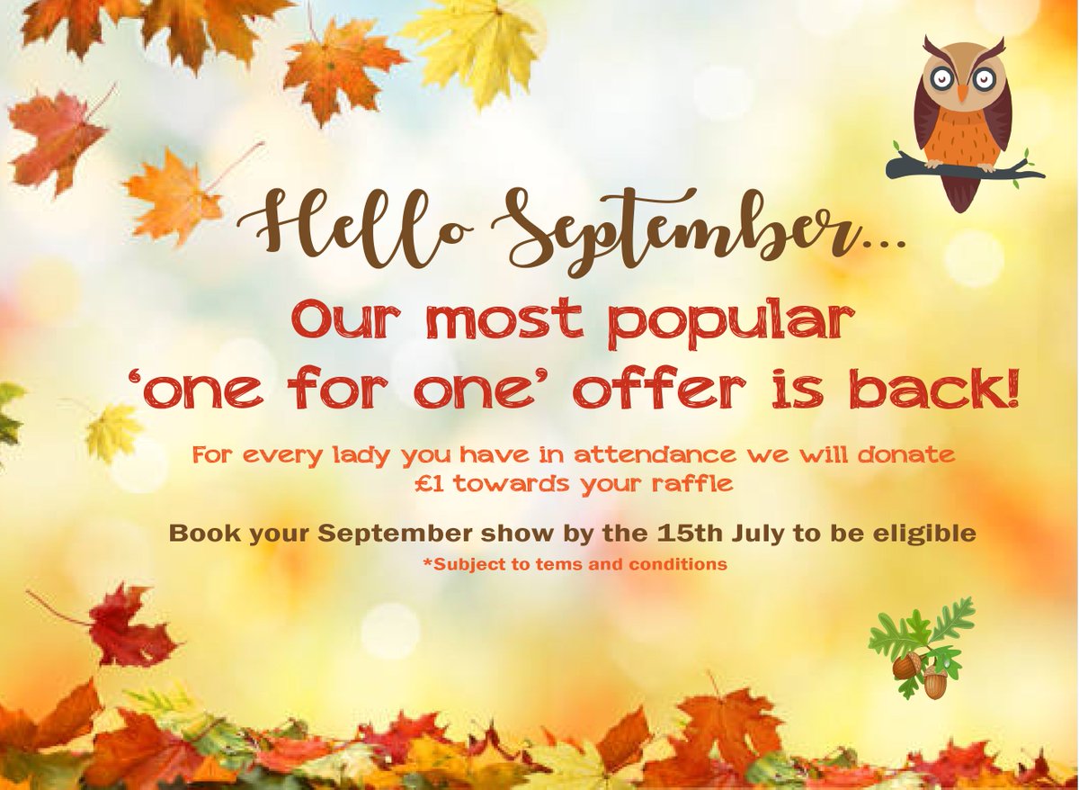 Coloursshows's tweet image. Hello September! Our one for one offer is back! 😁

Book a September show by 15th July and receive our one for one offer! 🦔🍂🍁🦉

To book a show or check availability please contact 0161 303 0463 or email, info@coloursfashionshows.com

*Subject to terms and conditions