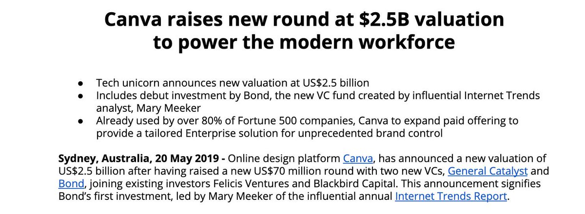 alexrkonrad's tweet image. So famed VC Mary Meeker&apos;s first investment out of her new fund Bond is in Canva, valuing the Australian design software startup at $2.5 billion