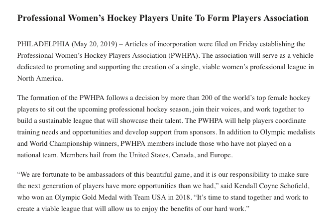 byajperez's tweet photo. More than 200 elite women's hockey players announced the formation of a union, Professional Women’s Hockey Players Association (PWHPA), and pledged to sit out the upcoming season of pro hockey unless they're provided with resources like better financial support, health insurance. https://t.co/dNZHjbpdMj