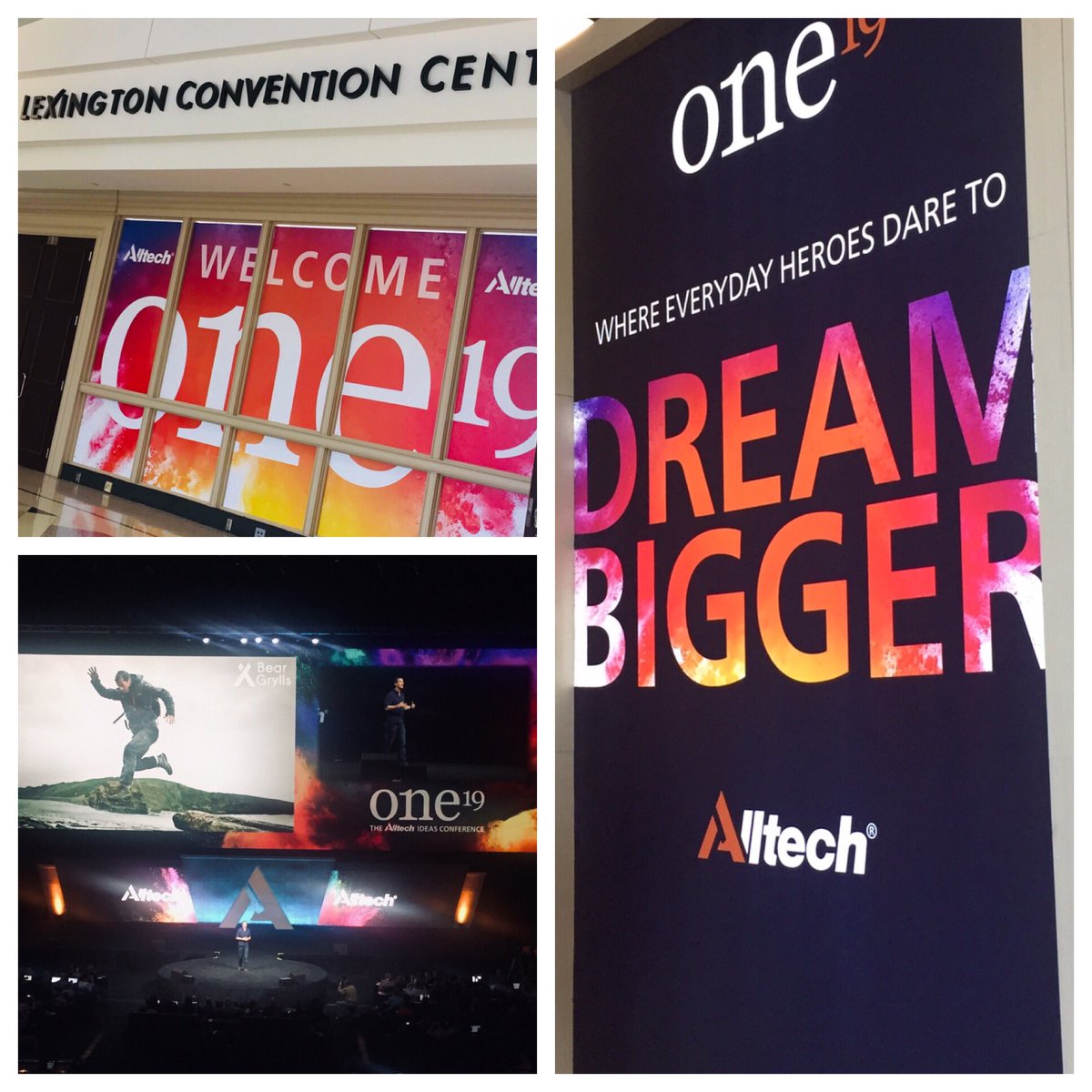 stephrob79's tweet photo. From noticing a Twitter trend about a conf in @lexingtonkycom a year ago to sitting in the crowd today mesmerized by @BearGrylls inspiring speech and excited about all that’s to come the next 2 days. This is @Alltech #one19! #grateful https://t.co/2oft5dM6LT