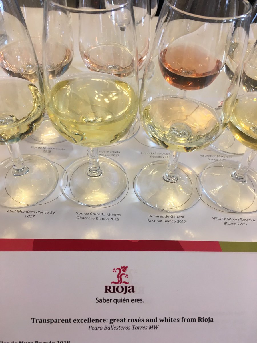 JennySiddall's tweet photo. #Rioja isn’t only about red wine explains Pedro Ballesteros MW. Transparent excellence rosé and white Masterclass #LWF19 ⁦@RiojaWine_UK⁩ Fantastic white#montesobarenes from ⁦@b_gomez_cruzado⁩ and #flordeMuga Rosé ⁦@bodegasmuga⁩ https://t.co/Q7W1npUVCd