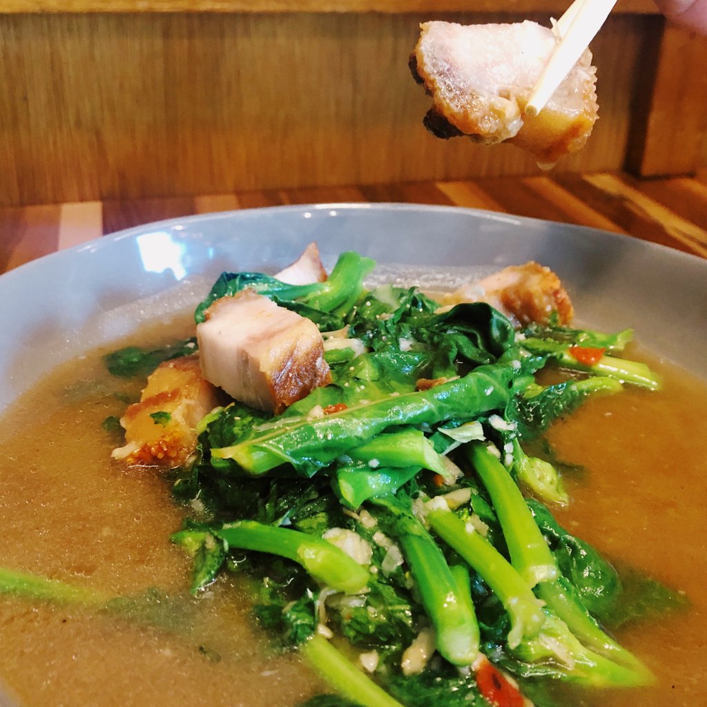 Happy Monday! Kick your week off with a hearty serving of greens. Stir-fried Chinese broccoli with crispy pork, soy sauce garlic, thai chili, oyster sauce and rice.