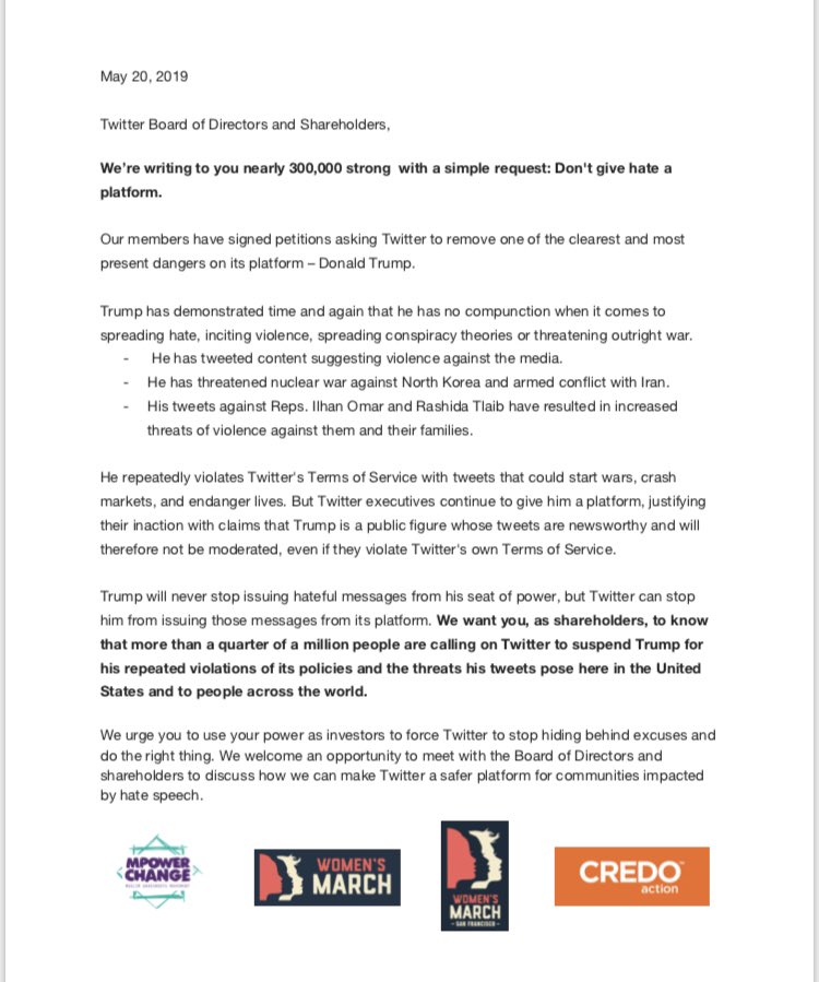 womensmarch's tweet photo. Here’s the open letter we’ll be delivering to @twitter headquarters at @TwitterSF and @TwitterNYC today. #SuspendTrump https://t.co/Ex9uSoXfsd
