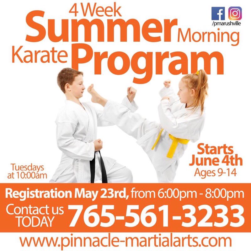 Check out Pinnacle Martial Arts and their new 4-week summer program! Check out their website for more information or give them a call! #rushvilleindiana #martialarts