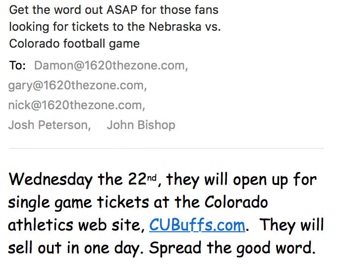 joshtweeterson's tweet photo. For those wondering about tickets for the Colorado game in September, I just received this email from listener Joe. https://t.co/LVsIxx63kD
