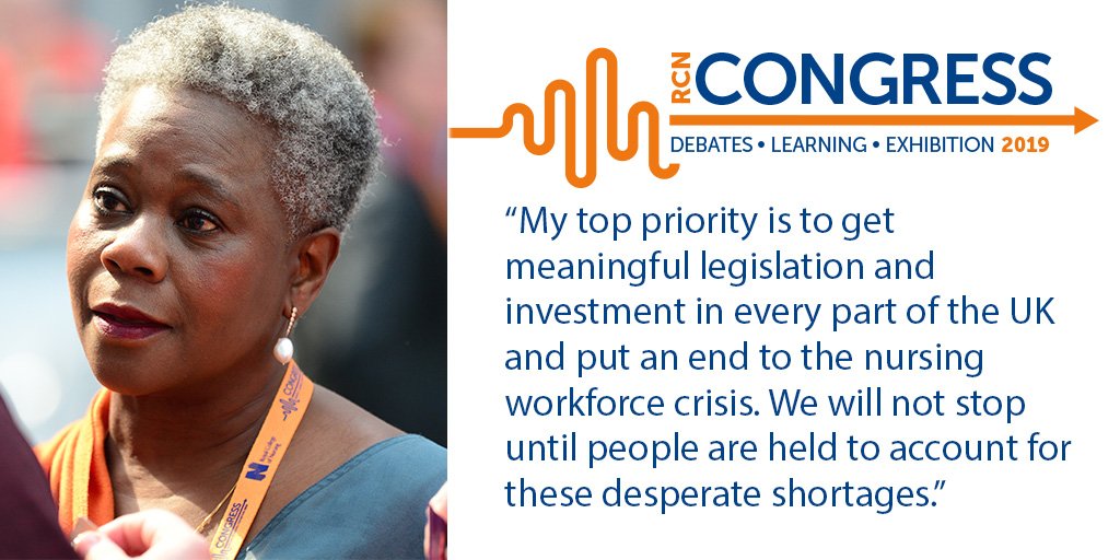 theRCN's tweet photo. "Politicians have got to stop short-changing the public.” Dame Donna Kinnair calls for the Government to urgently address the gap in nursing vacancies. #RCN19 https://t.co/zf2M9QMDm2