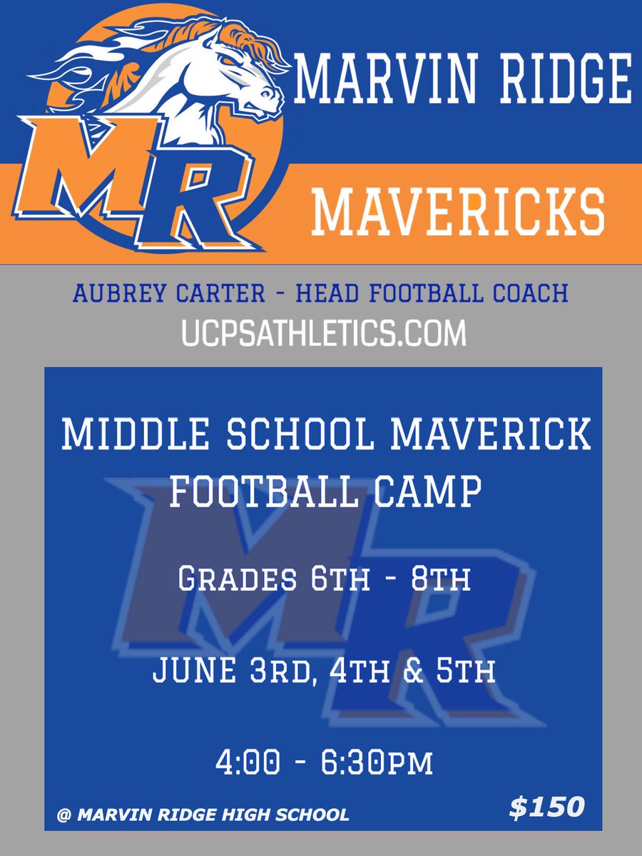 🚨🚨🚨Future Mavericks we would love to see you starting June 3rd for our Middle School Camp🏈🏈🏈Make sure to register and sign up through ucpsathletics.com We would love to have all our future football Mavericks there💪💪💪