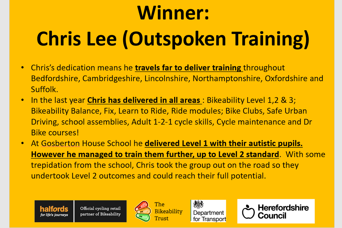2019 Bikeability Awards 
Fantastic work from our instructor of the year; Winner; Chris Lee
Outspoken Training