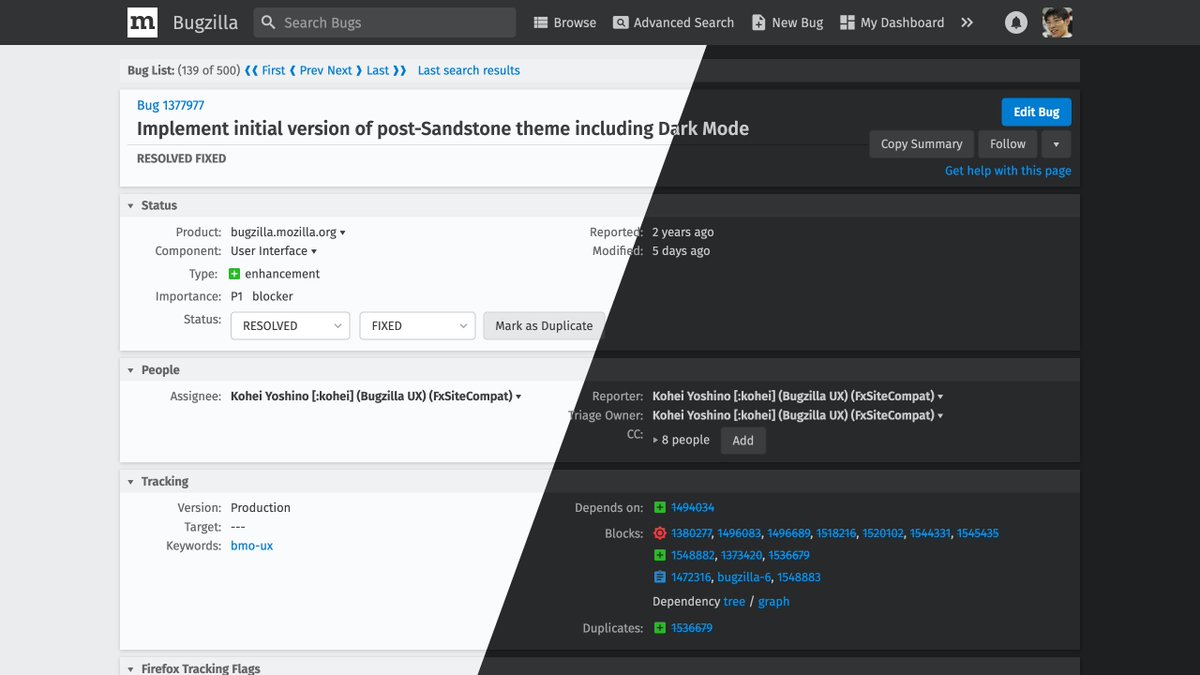 BugzillaUX's tweet image. 🚨Today we’re rolling out our brand-new skin on Mozilla’s @bugzilla! If you’re using @firefox 67+ (currently Beta, shipping tomorrow), Safari 12.1+ or Chrome 76+, it will be #DarkMode depending on your system’s appearance. Ready to join the dark side?