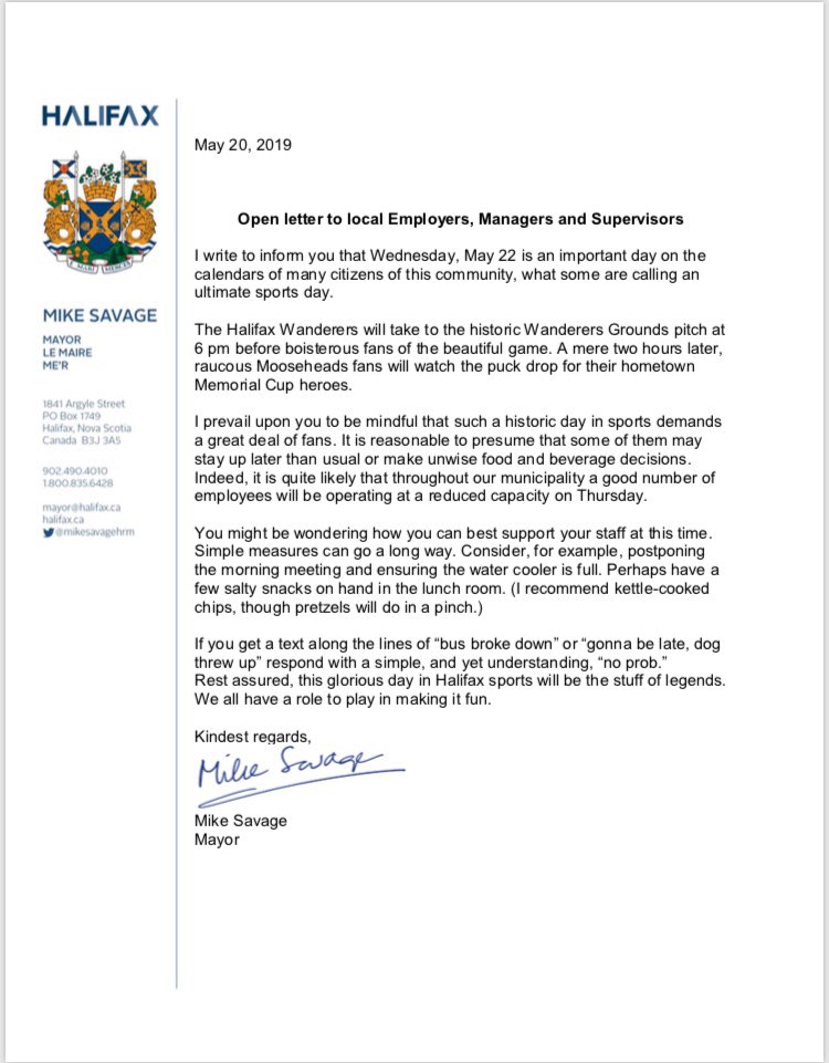 Employers, please see my Open Letter regarding a significant event in our community <a href="/HFXMooseheads/">Halifax Mooseheads</a> @HfxWanderersFC <a href="/CHLMemorialCup/">Memorial Cup presented by Kia</a> <a href="/hfxgov/">hfxgov</a> <a href="/Privateers1882/">Privateers 1882</a> #gomoosego #togetherfromaways